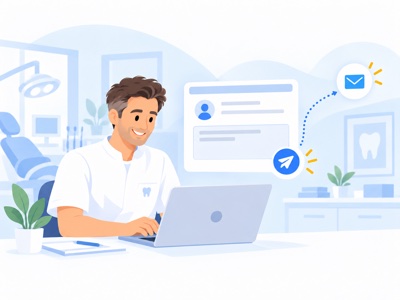 Illustration: Ein Zahnarzt sendet am Laptop eine Anfrage