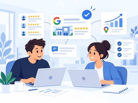Illustration: Zwei Personen arbeiten gemeinsam am Google-Profil einer Praxis