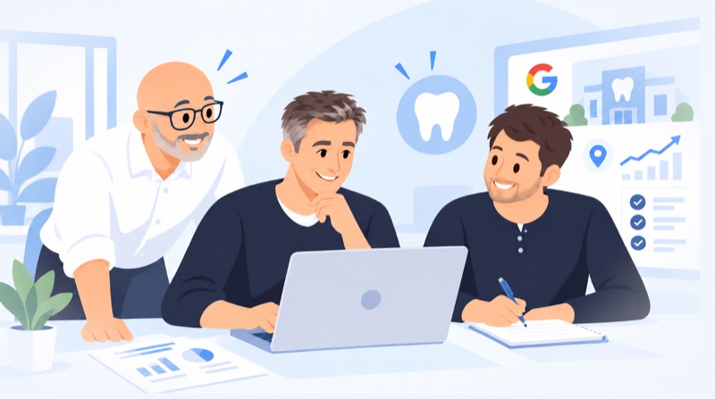 Illustration: Das Team von echte5sterne, drei Männer am Laptop