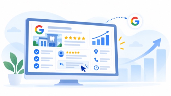 Illustration: Ein Bildschirm mit gepflegtem Google-Profil einer Zahnarztpraxis
